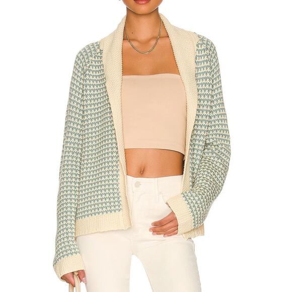 THE GREAT. Sweaters - THE GREAT. Minicheck Lodge Cardigan Sweater Morning Sky Open Front Women's 0 XS